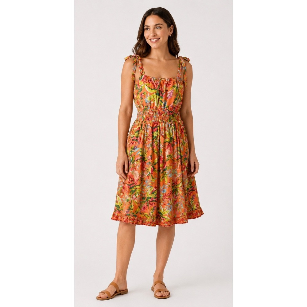 Lands' End Dress Women Medium Orange Tropical Floral Smocked Tie Shoulder Midi